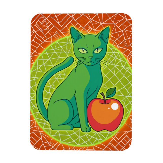 Chat vert avec pomme - Magnet de frigo couleur pop (Vertical)