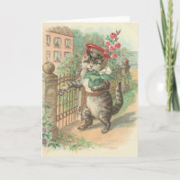 Chat vintage livrant la carte de note de fleurs