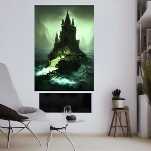 Château dans la mer orageuse AI Art Poster
