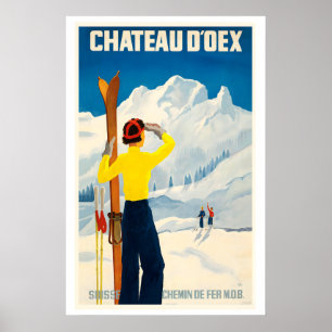 Château d'Oex Suisse Affiche de ski vintage