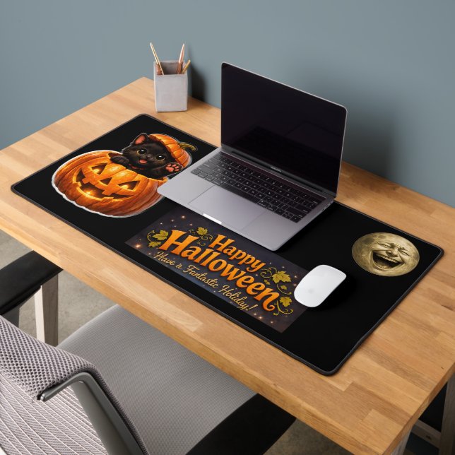 Chaton curieux de citrouille et lune, Halloween fa (Bureau 2)