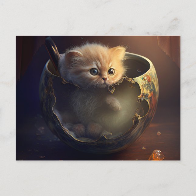 Chaton dans une Tasse à Thé Brisée - Carte Postale (Devant)