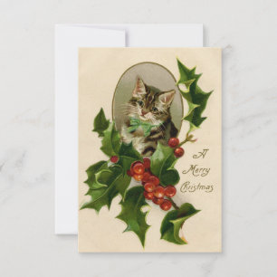Chaton de Noël victorien au houx, tabby antique