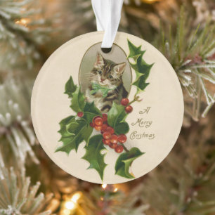 Chaton de Noël victorien au milieu du houx, tabby