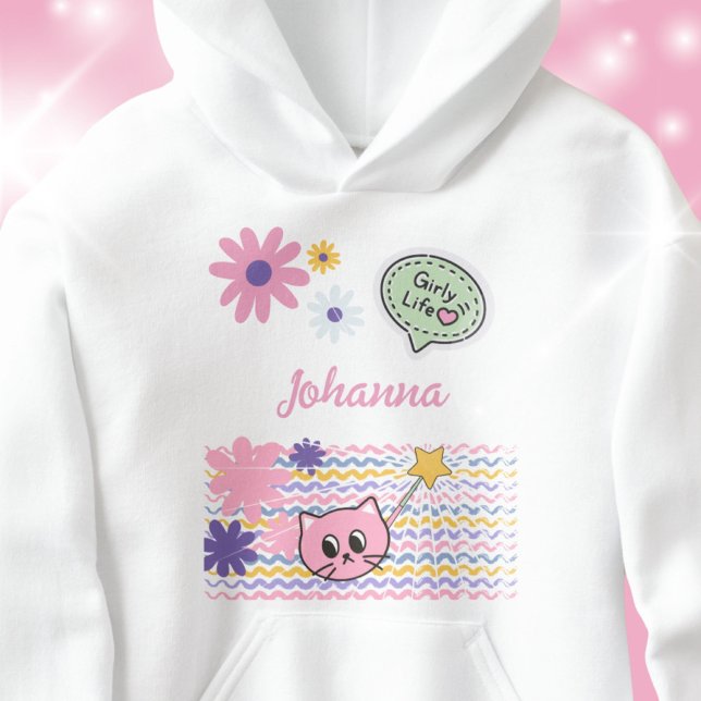 Chaton Dessin Animé Pastel Fleurs Vie de Fille (Pastel Cartoon Cat Flowers Girly Life Hoodie ©Susanne Sachers - Sunny Wanderlust 🌞✈️)