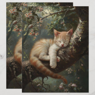 Chaton dormant dans un arbre Papier Vintage de pap