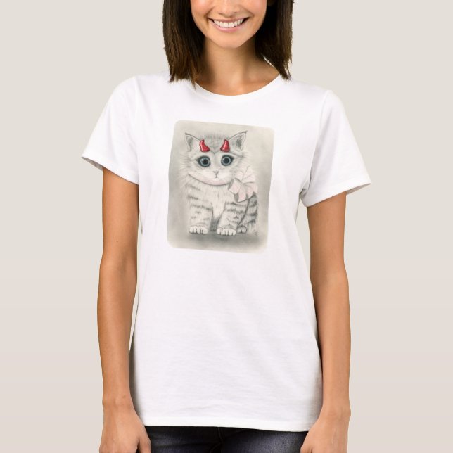 Chaton mignon de diable, petit T-shirt rouge d'art (Devant)