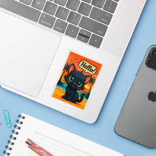 Chaton noir à Sunset Beach - Sticker Die-Cut