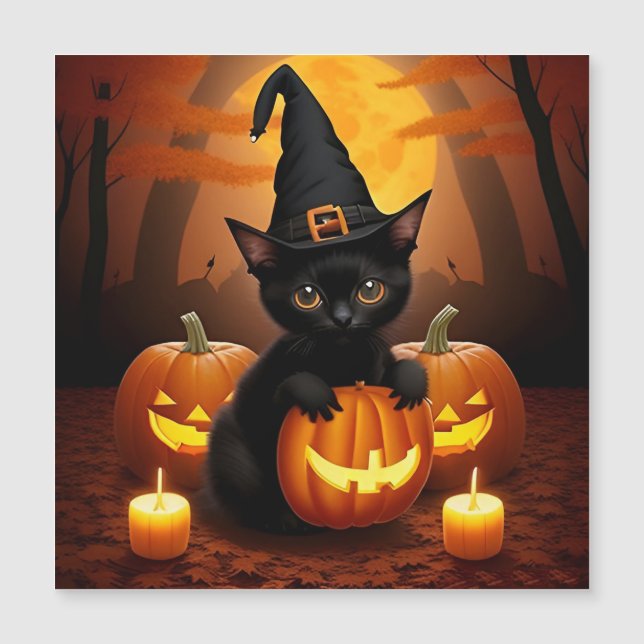 Chaton noir avec chapeau de sorcière parmi les cit (Devant)