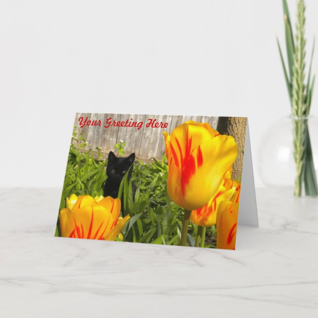 Chaton noir en Tulipes carte de voeux (Devant)
