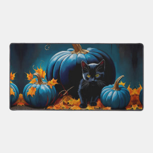 Chaton noir et lune bleue Citrouilles Feuilles d'a
