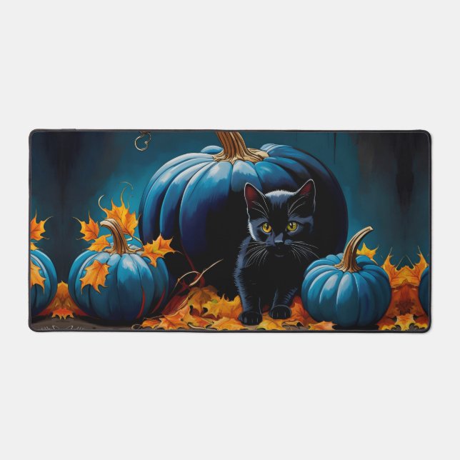 Chaton noir et lune bleue Citrouilles Feuilles d'a (Recto)