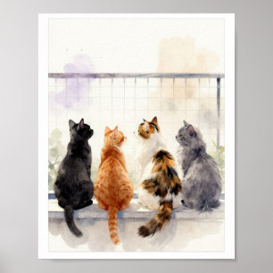 Chats à l'aquarelle sur balcon – Art mural pour am