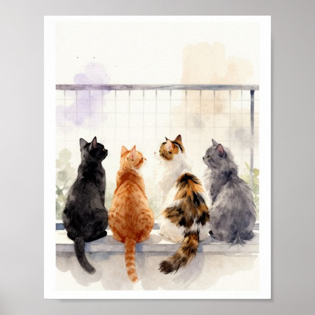 Chats à l'aquarelle sur balcon – Art mural pour am (Devant)