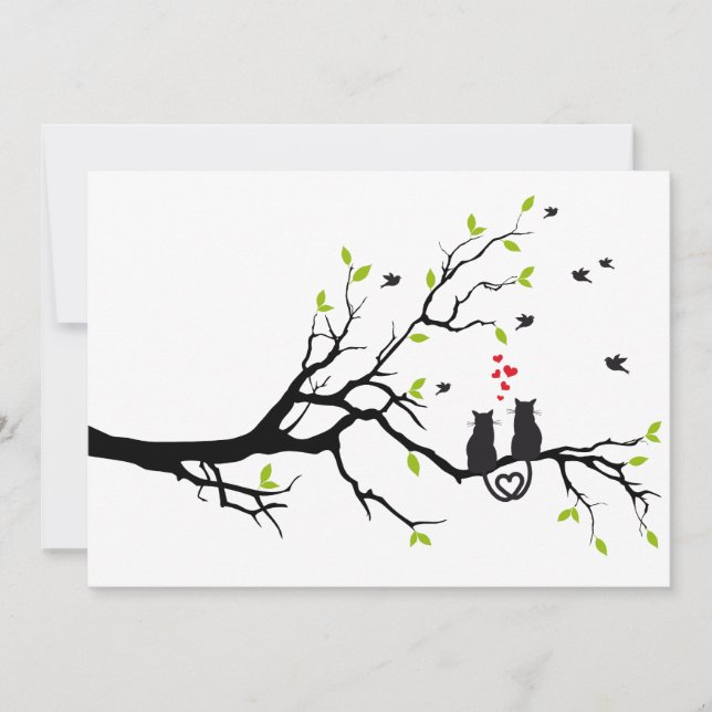 Chats amoureux sur un arbre avec des cœurs rouges (Devant)