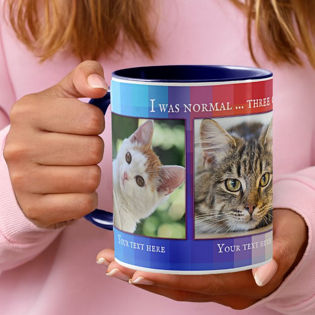 Chats amusants colorés Mug photo personnalisée (Photo mug featuring your own favorite (cat) photos framed by a colorful checkered design.)