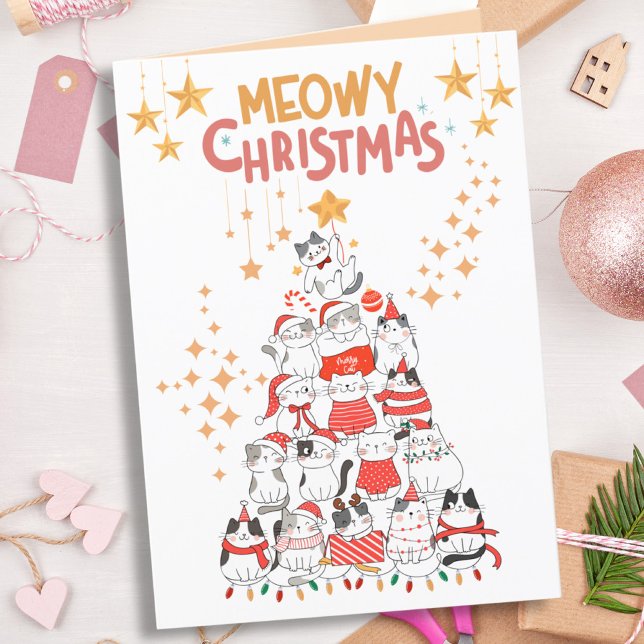 Chats amusants Xmas Arbre Meowy Noël Carte pliée (Funny Cats Xmas Tree Meowy Christmas Folded Card (Front))