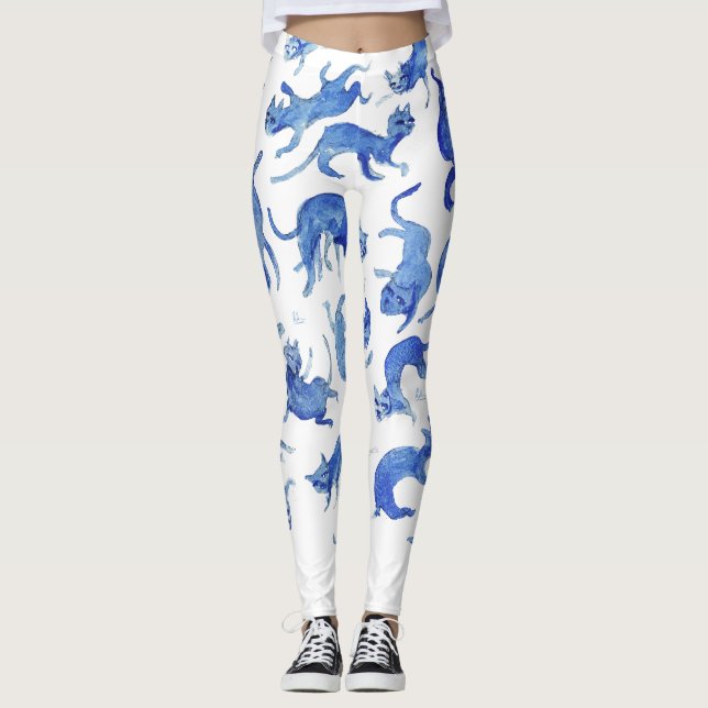 Chats célestes Ming bleu blanc Chinoiserie Legging (Devant)