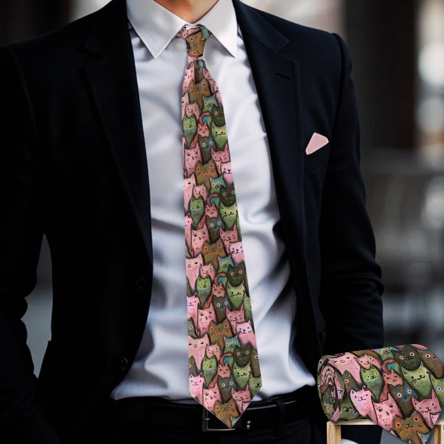 Chats cool Cravate Motif sans couture - Rose et ve (Cool Cats Seamless Pattern Tie - Pink & Green Fun (2))