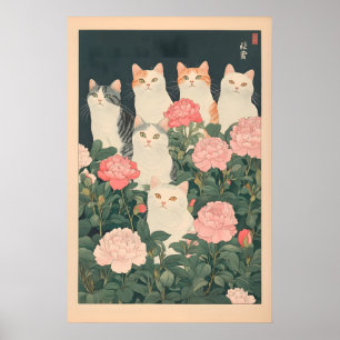 Chats dans des fleurs impression d'art japonais vi