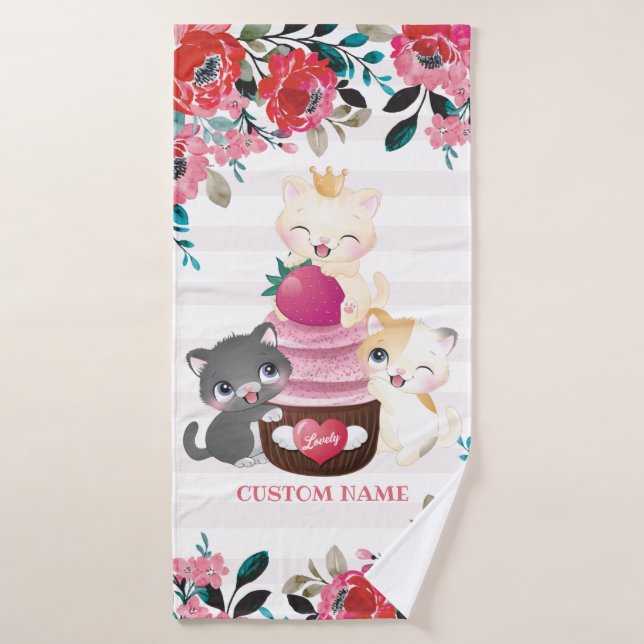 Chats de dessin animé floraux fantaisistes à la fr (Serviette de bain)