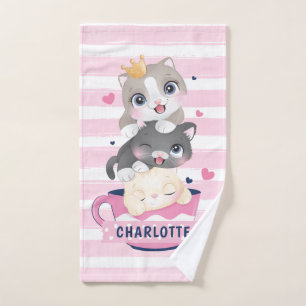 Chats de dessin animé mignons empilés rayures rose