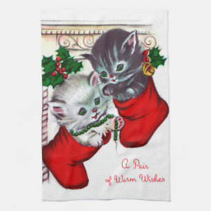 Chats de Noël Retro Vintage Serviette de cuisine d