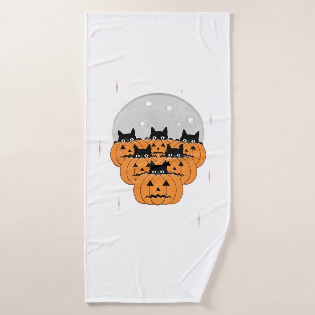 Chats d'Halloween Citrouilles Fond Noir Illus (Serviette de bain)