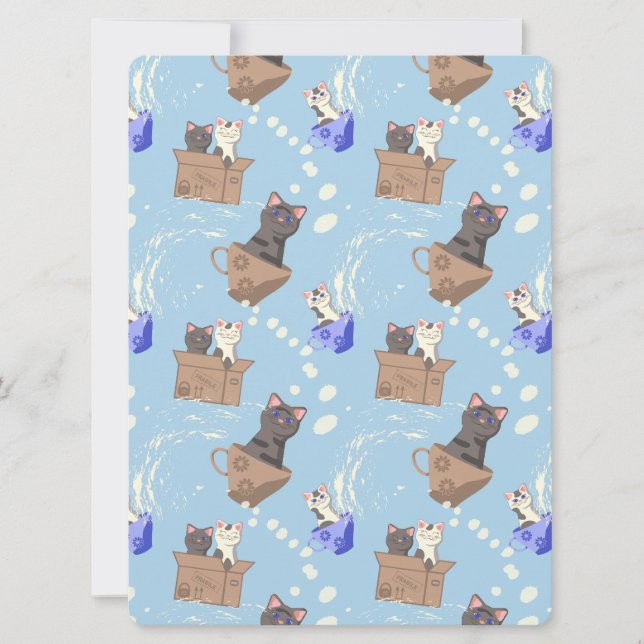 Chats en boîte et gouttes de lait sur bleu (Devant)