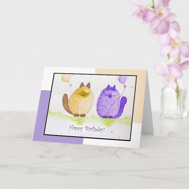 Chats et ballons Carte d'anniversaire (Orchidée)