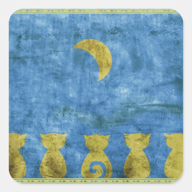 Chats et Lune - Autocollant carré (Devant)