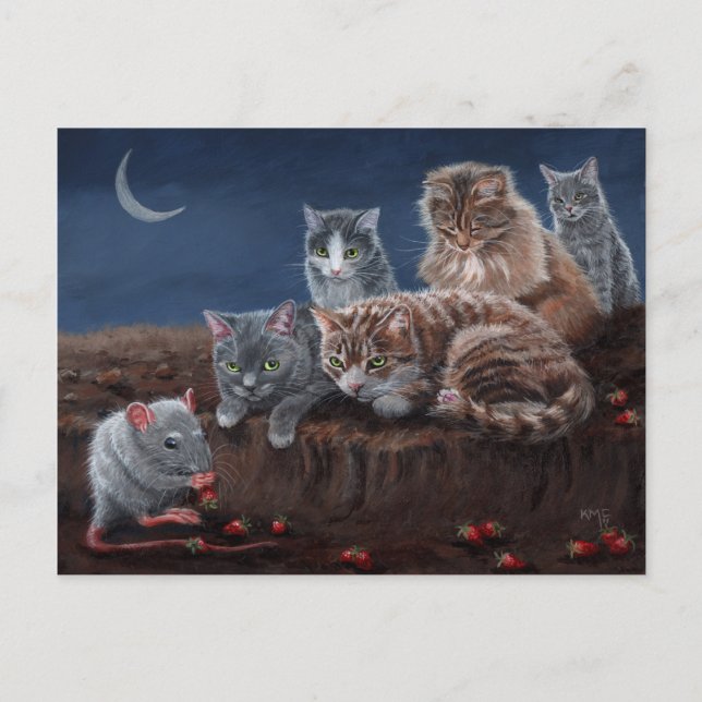 Chats et rat avec la carte postale de fraises (Devant)