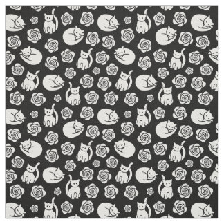 Chats et Roses en tissu noir et blanc