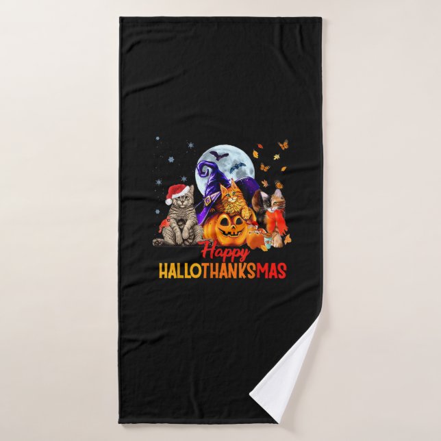 Chats Hallothanksmas Halloween Thanksgiving C (Serviette de bain)