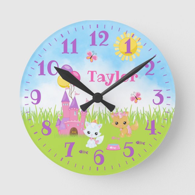 Chats Kittens Castle Horloge ronde rose et violet (Recto)