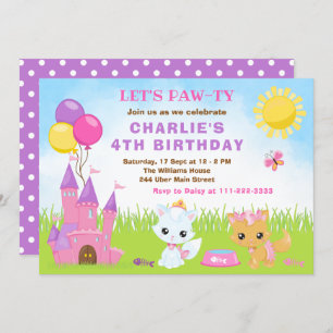 Chats Kittens Château Rose Anniversaire Invitation