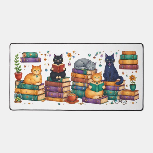 Chats lisant des livres Scène de bibliothèque cosy (Recto)