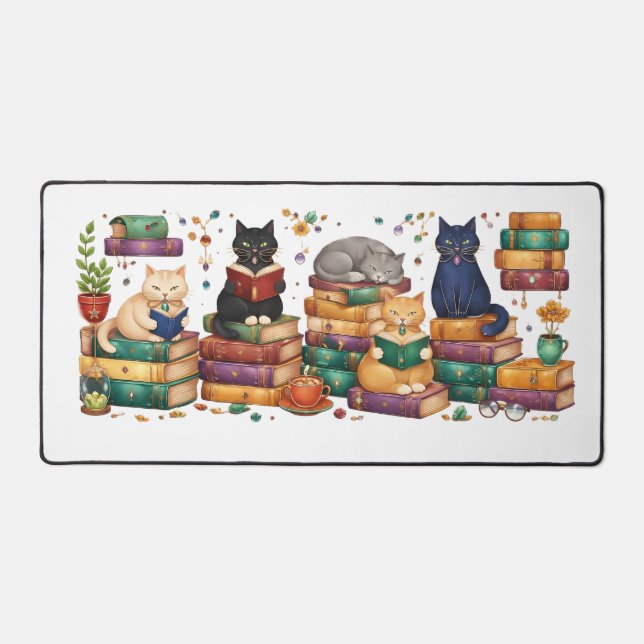 Chats lisant des livres Scène de bibliothèque cosy (Recto)