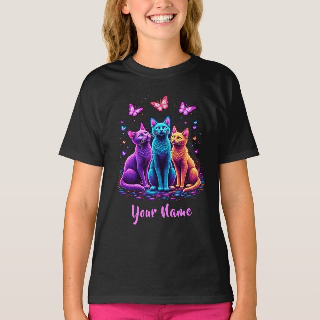 Chats Mystiques Néon – T-Shirt Psychedelique Nom P (Devant)