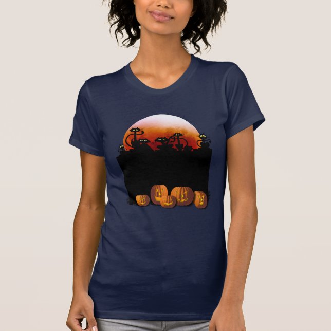 Chats noirs, lune, T-shirt de citrouilles (Devant)