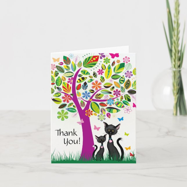 Chats noirs mignons et Merci d'arbre à fleurs colo (Devant)