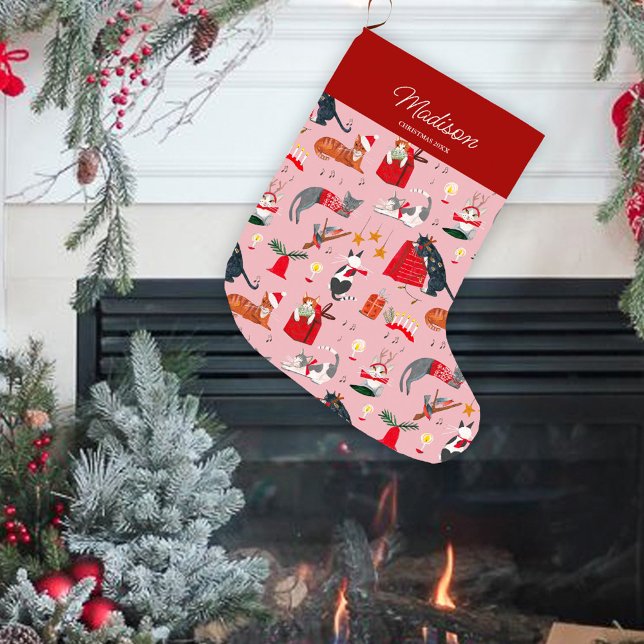 Chats rétro rose Noël | Fêtes | Chaussette (Chritmas stocking girl cat pattern pink)