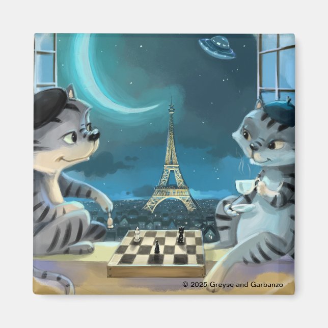 Chats Tour Eiffel - Magnet Carré Nuit 2" (Devant)
