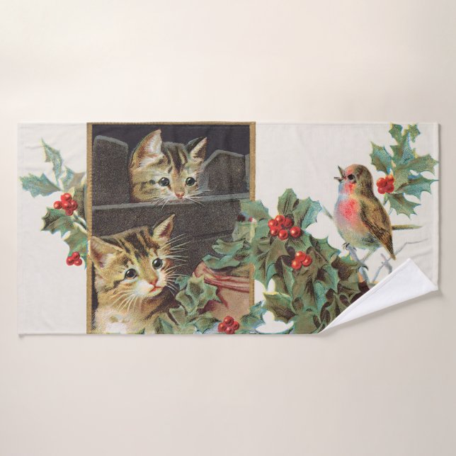 Chats vintages et oiseaux (Serviette de bain)
