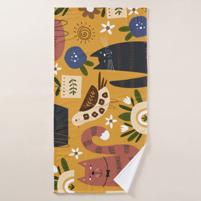 Chats vintages et oiseaux, Main Tirée. (Serviette de bain)