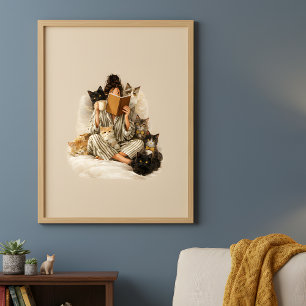 Chatte Douillette lisant & Café Affiche