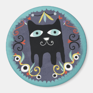 Chatte noire adorable chat kawaii aimant bleu