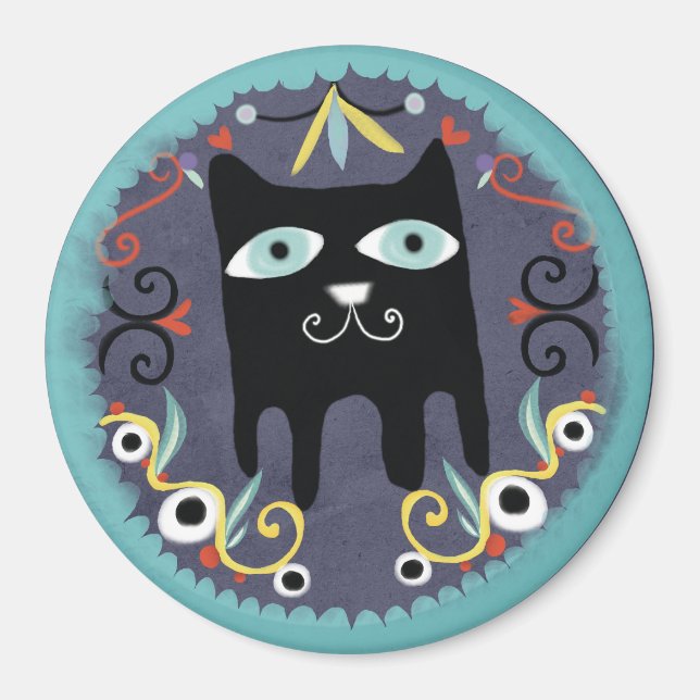 Chatte noire adorable chat kawaii aimant bleu (Devant)