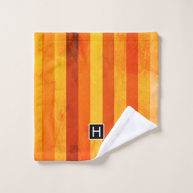 Chaud Patiné Orange Rouge rayures Monogramme (Gant de toilette)
