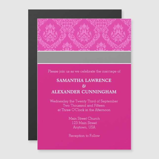 Chaud rose Damas Faire-part de mariage magnétique (Devant / Derrière)